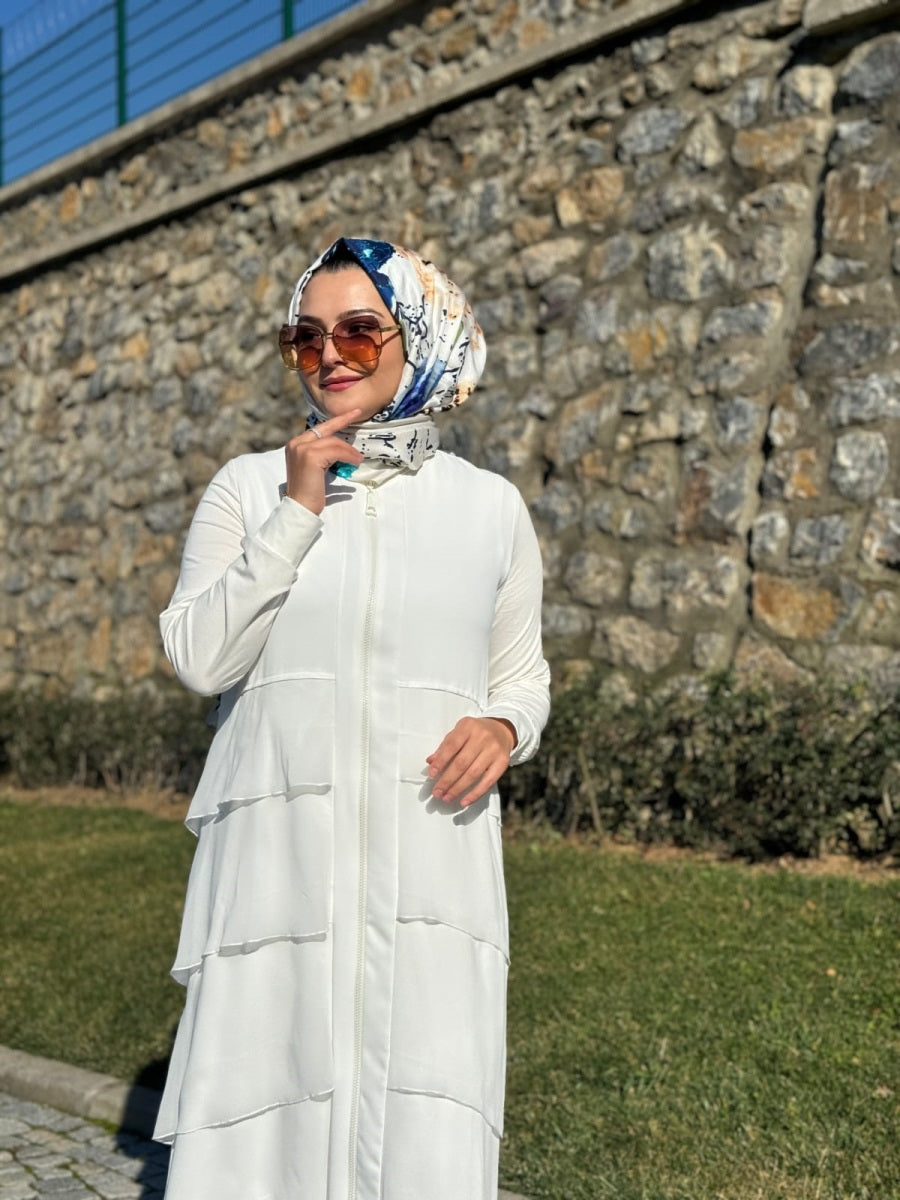Fermuarlı Kat Kat Şifon Detaylı Uzun Ferace