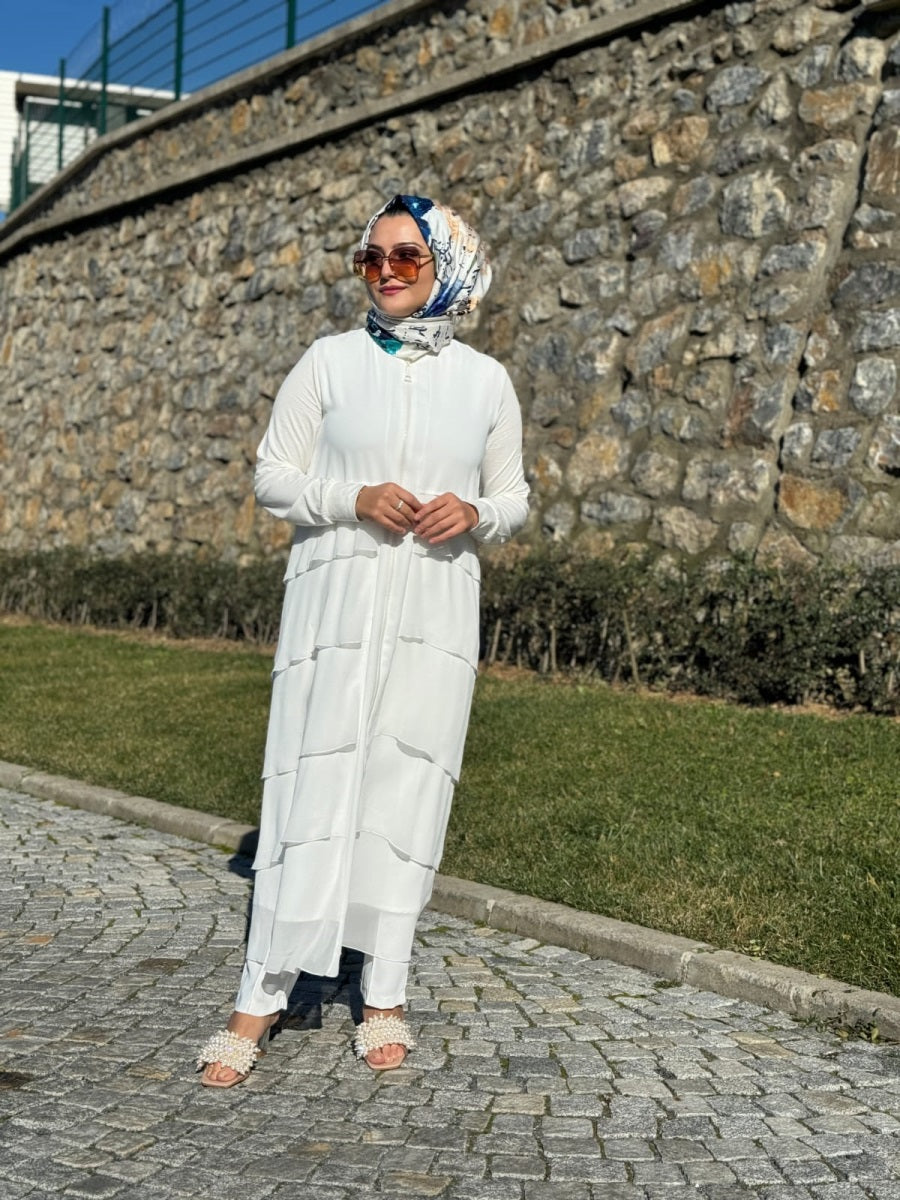 Fermuarlı Kat Kat Şifon Detaylı Uzun Ferace