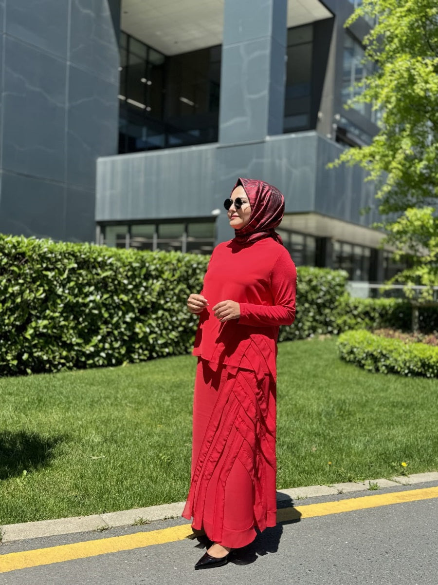 Şifon Şerit Detaylı Etek Bluz Takım