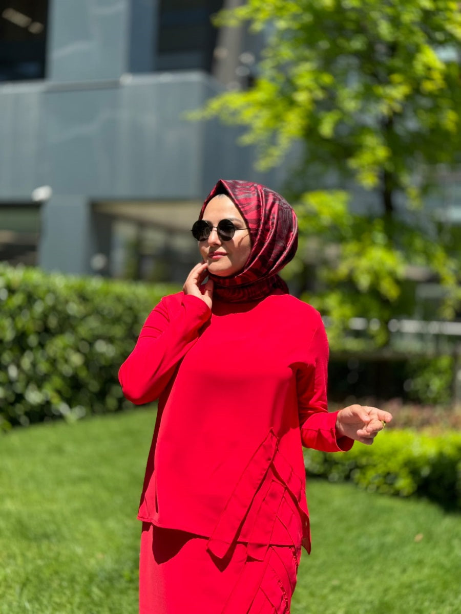 Şifon Şerit Detaylı Etek Bluz Takım