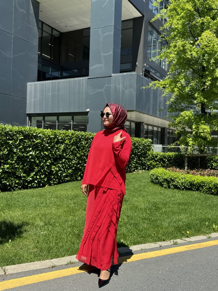 Şifon Şerit Detaylı Etek Bluz Takım