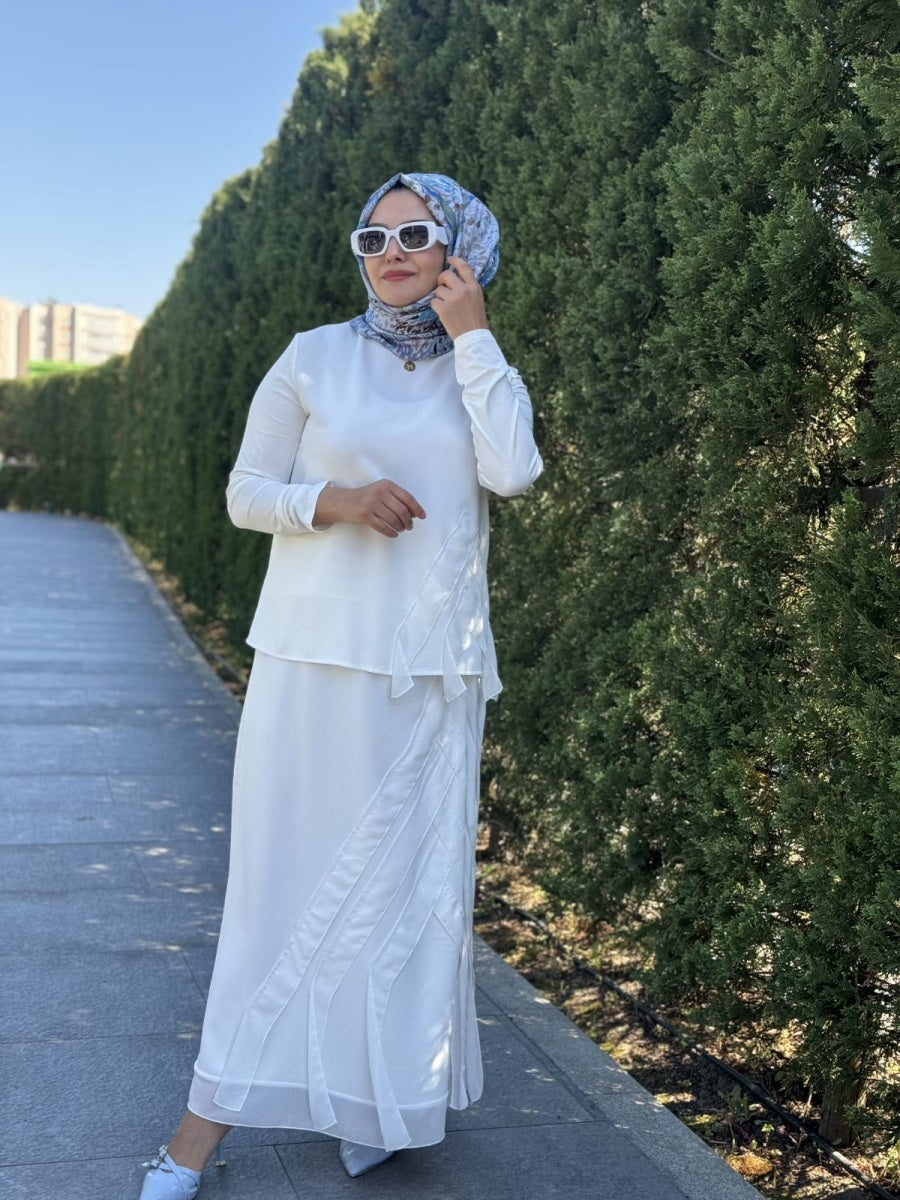 Şifon Şerit Detaylı Etek Bluz Takım