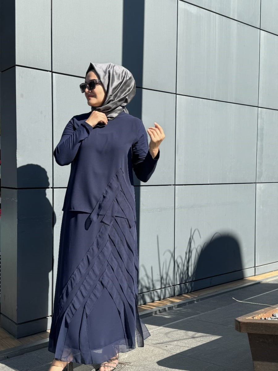Şifon Şerit Detaylı Etek Bluz Takım