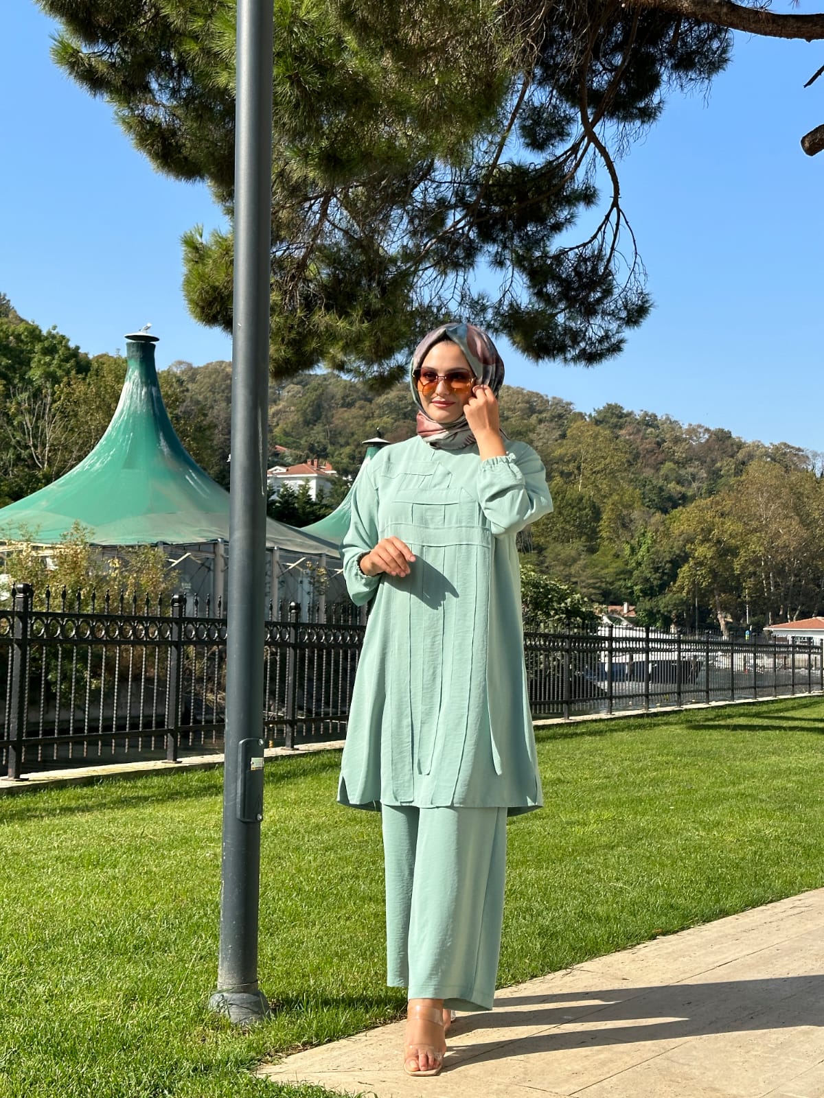 Geometrik Detaylı Tunik Pantolon Takım