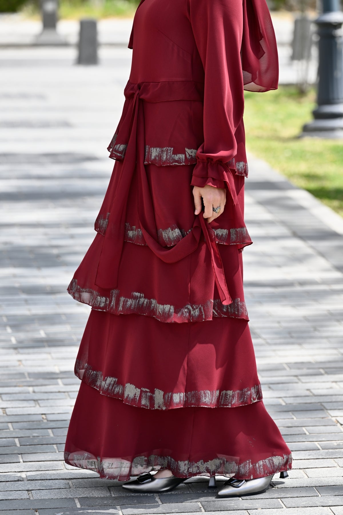 Desenli Volanlı Uzun Elbise
