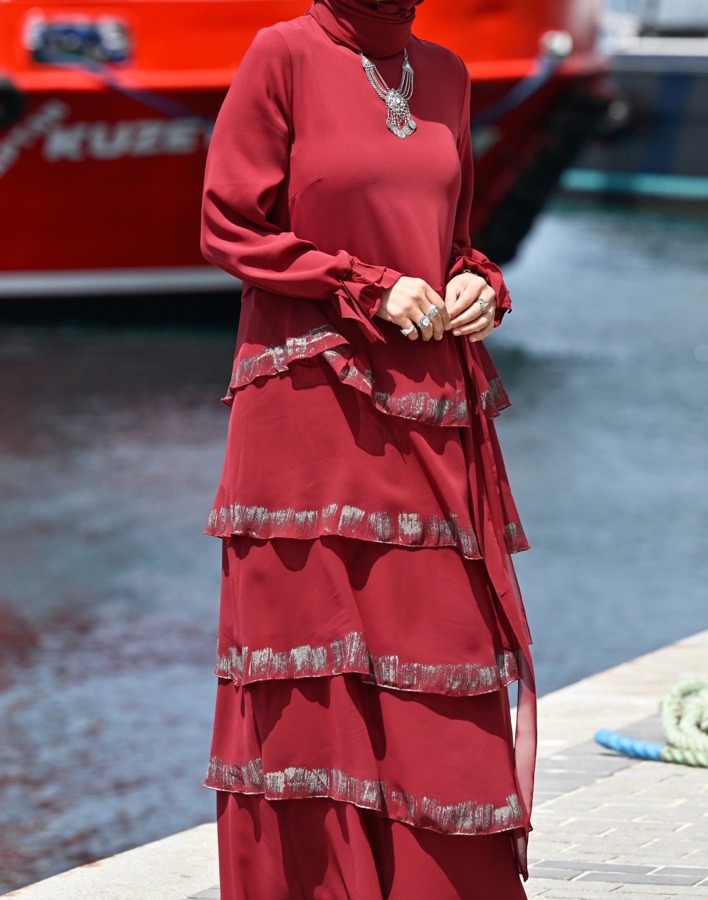Desenli Volanlı Uzun Elbise