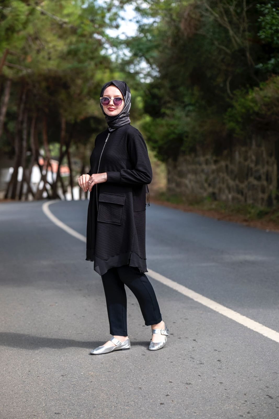 Önden Fermuarlı Şifon Detaylı Örme Tesettür Tunik