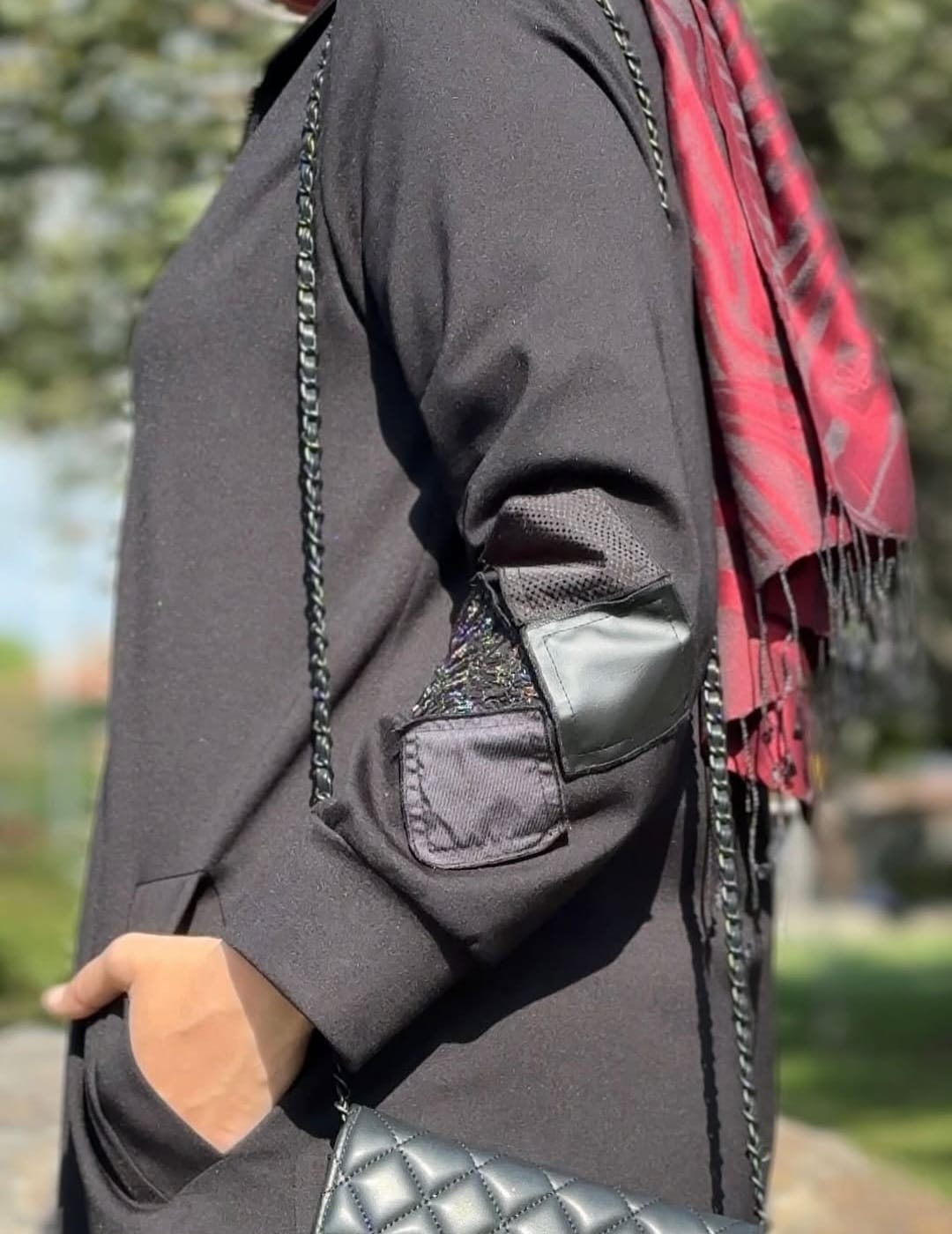 Fermuarlı Patchwork Deri Detaylı Tesettür Kap