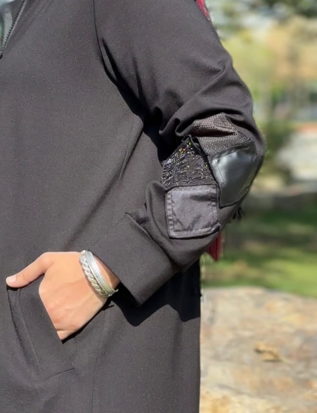 Fermuarlı Patchwork Deri Detaylı Tesettür Kap