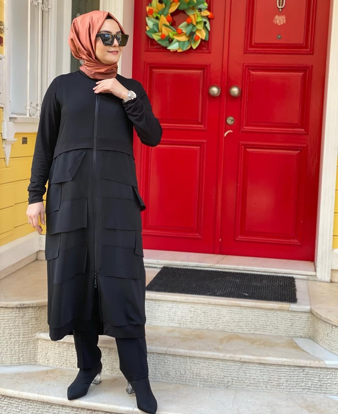 Fermuarlı Kat Kat Şifon Detaylı Ferace