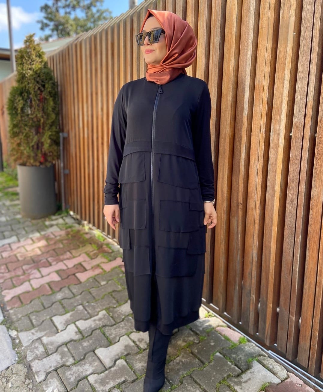 Fermuarlı Kat Kat Şifon Detaylı Ferace
