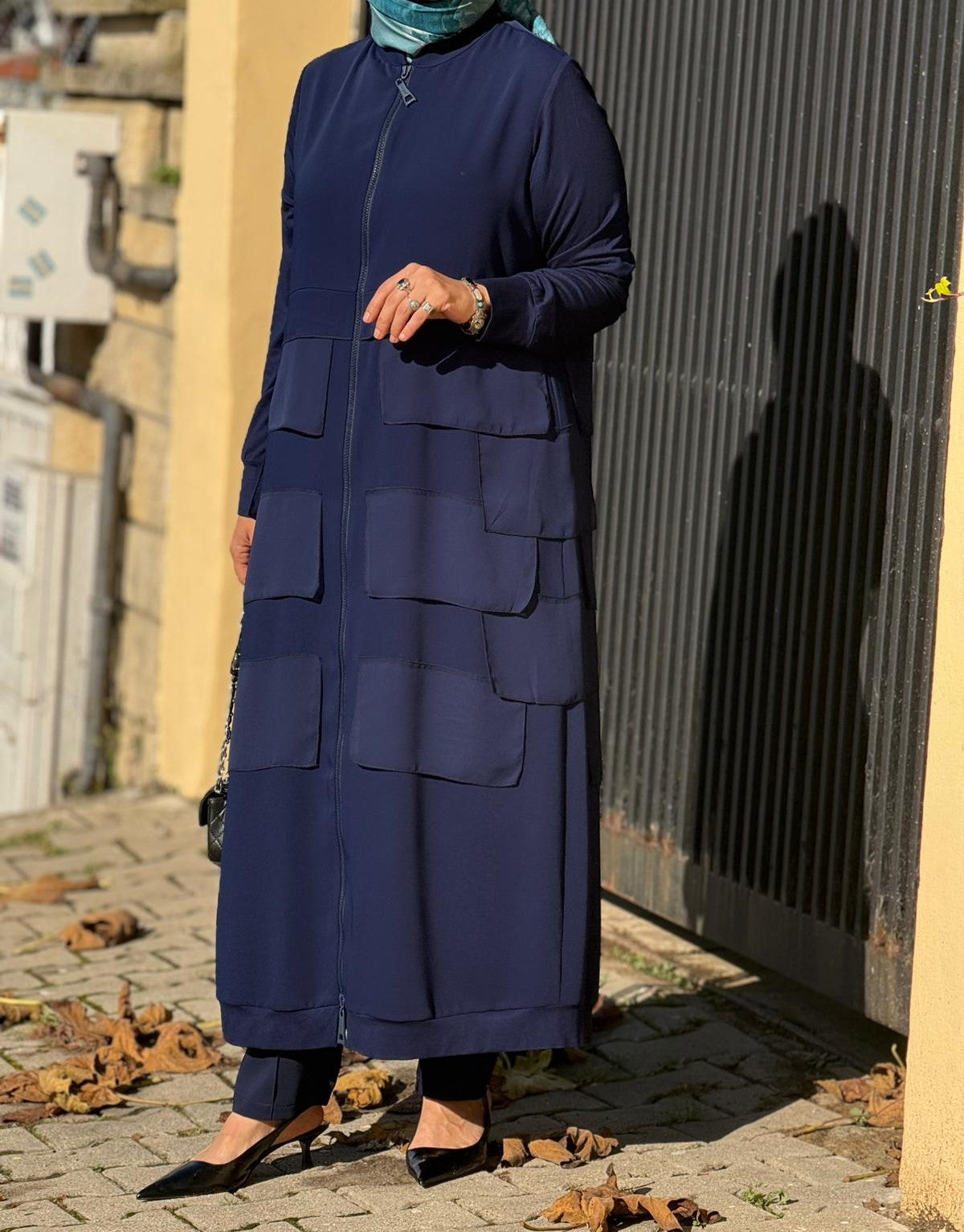 Fermuarlı Şifon Parçalı Uzun Ferace