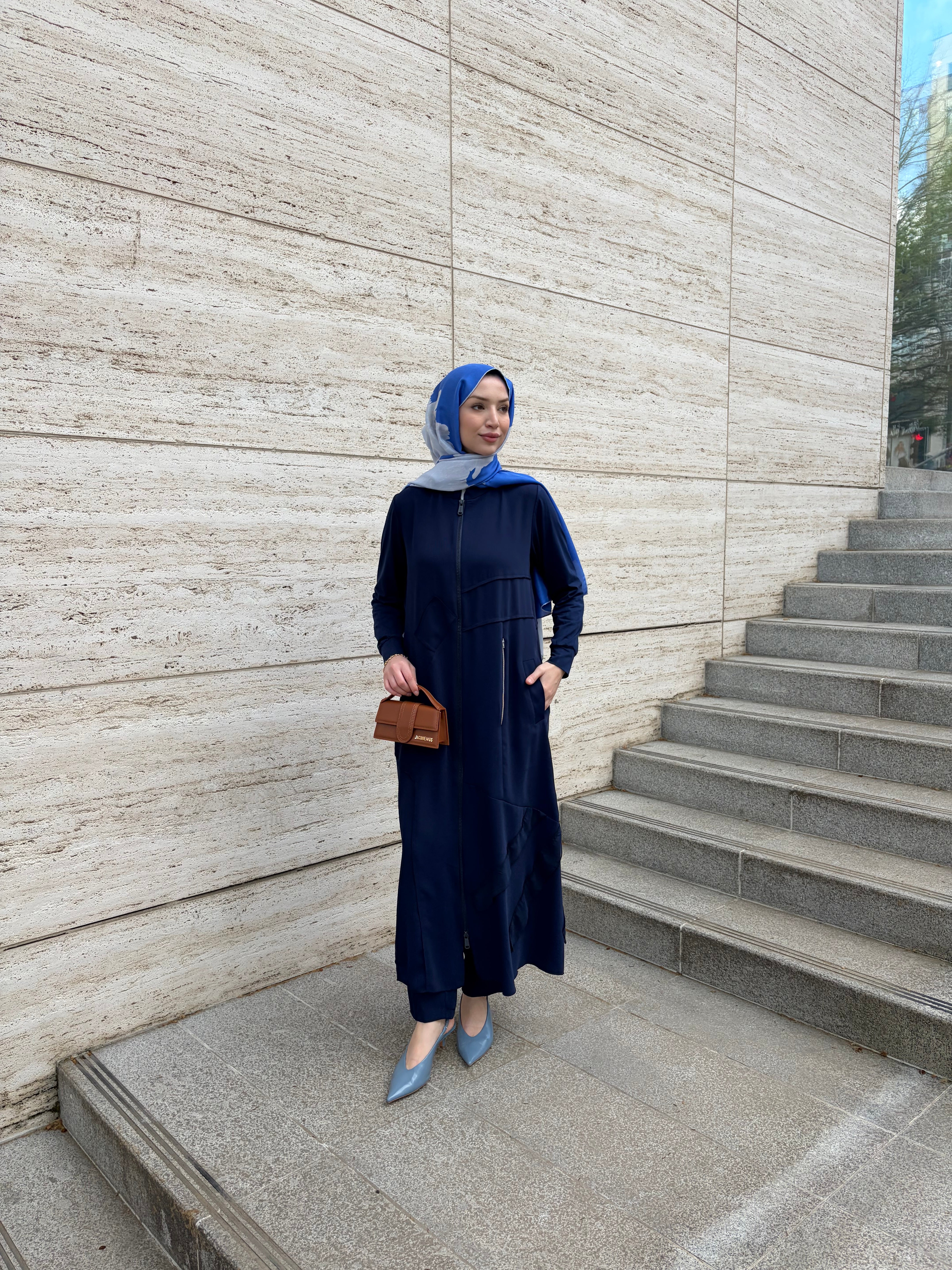 Fermuarlı Şifon Detaylı Uzun Krep Ferace