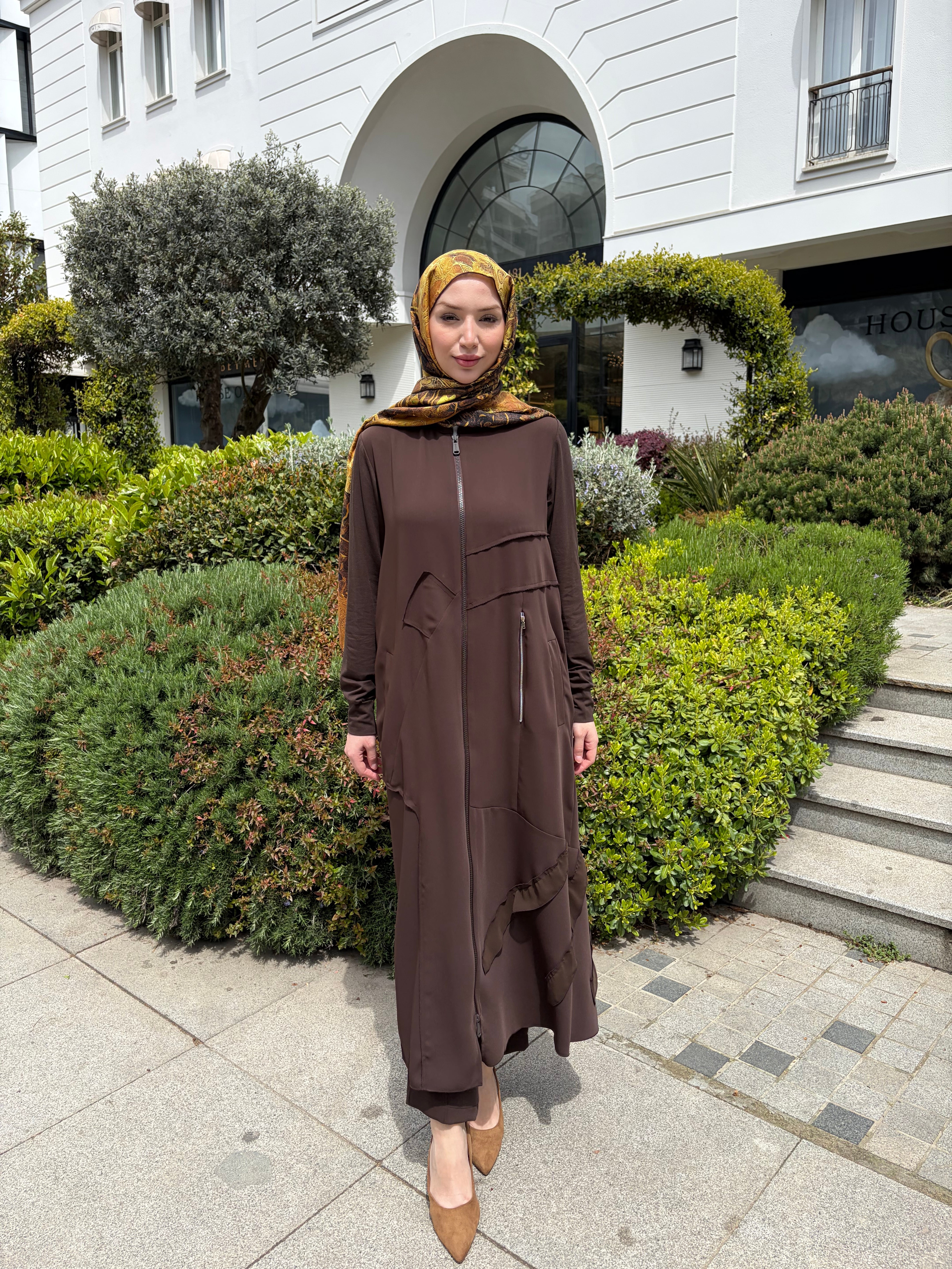 Fermuarlı Şifon Detaylı Uzun Krep Ferace