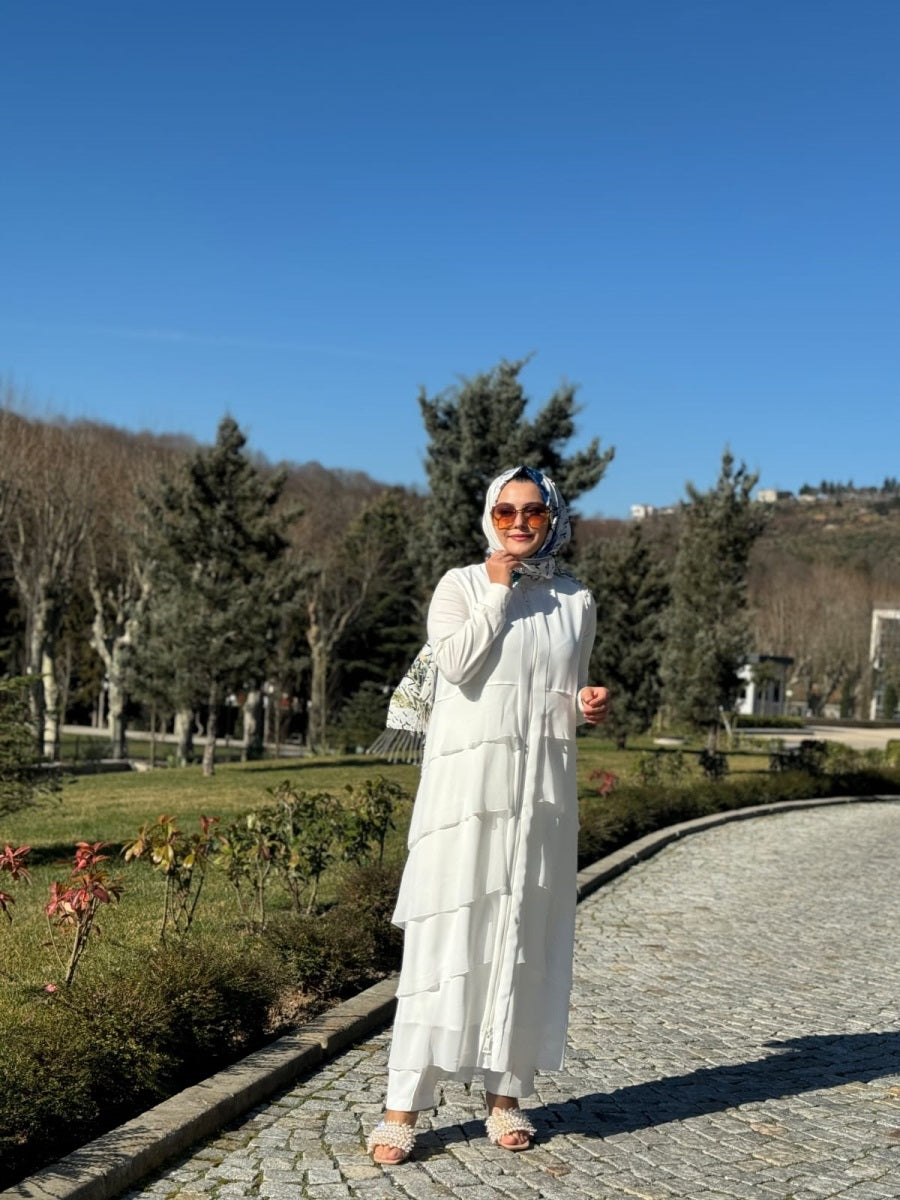 Fermuarlı Kat Kat Şifon Detaylı Uzun Ferace