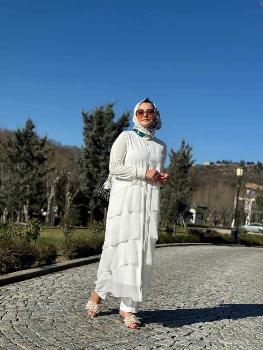 Fermuarlı Kat Kat Şifon Detaylı Uzun Ferace