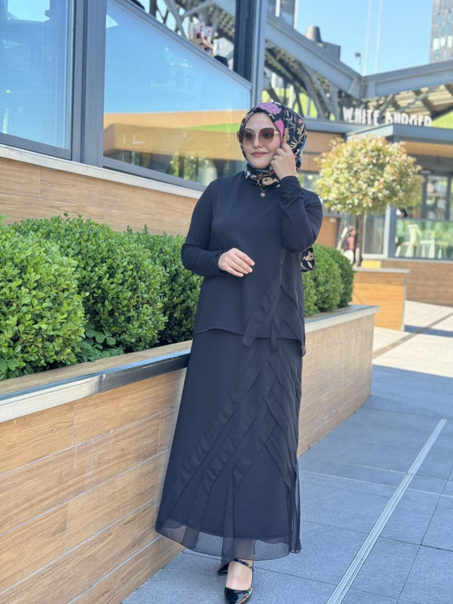 Şifon Şerit Detaylı Etek Bluz Takım