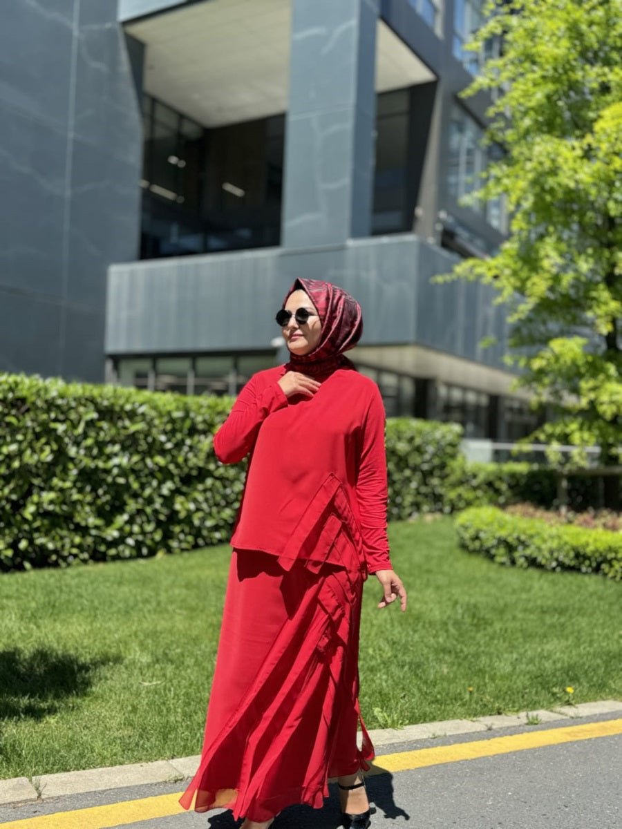 Şifon Şerit Detaylı Etek Bluz Takım