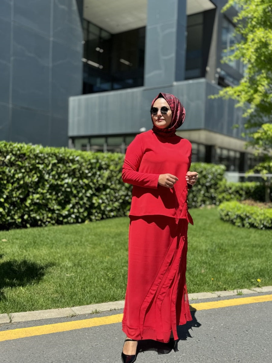 Şifon Şerit Detaylı Etek Bluz Takım