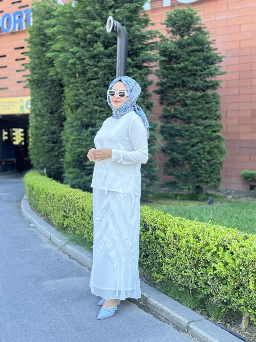 Şifon Şerit Detaylı Etek Bluz Takım