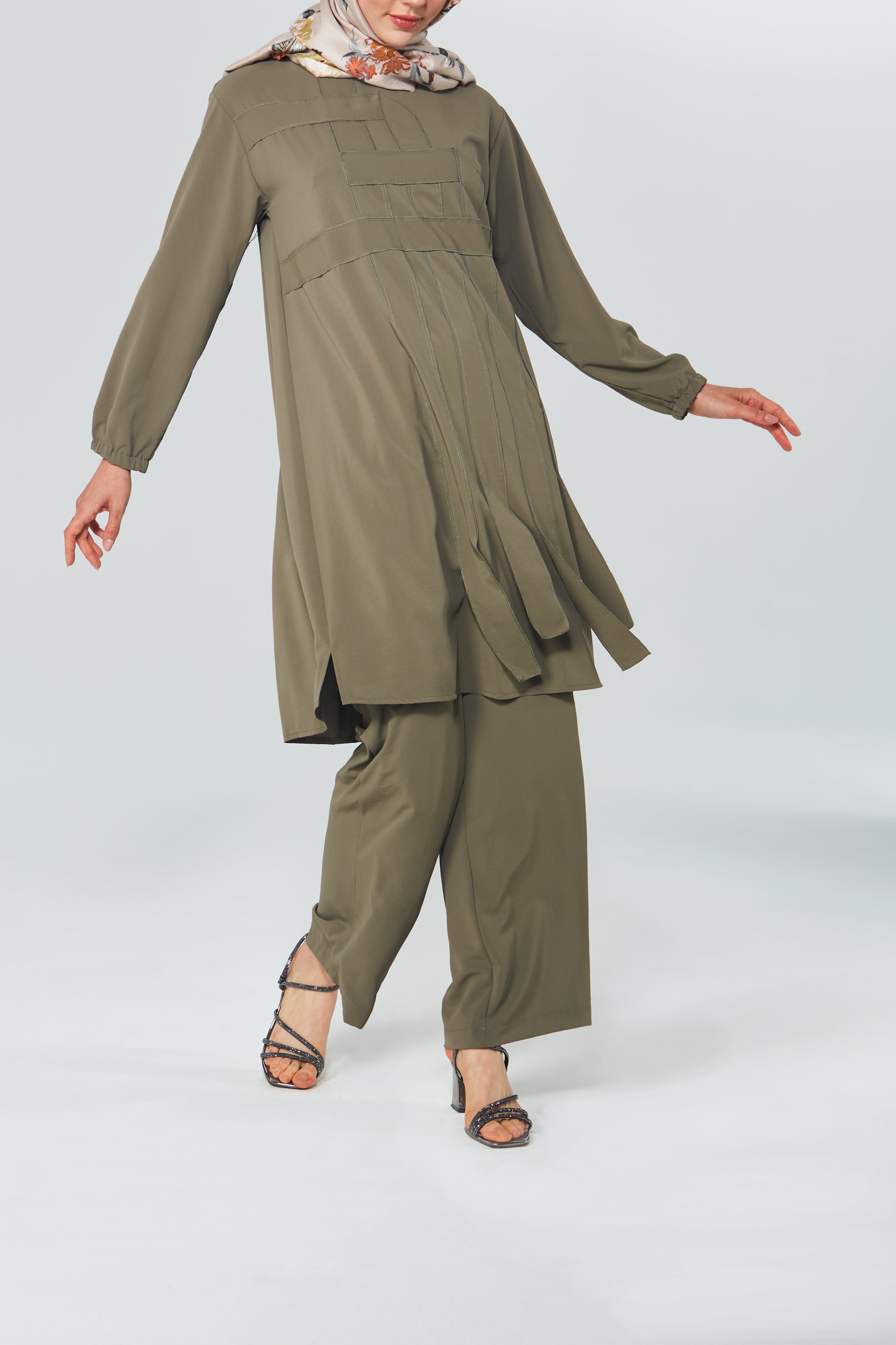 Geometrik Detaylı Tunik Pantolon Takım