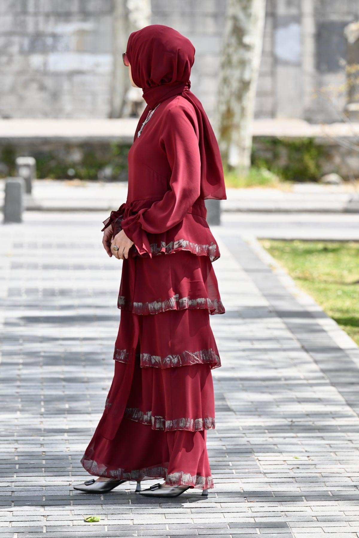Desenli Volanlı Uzun Elbise