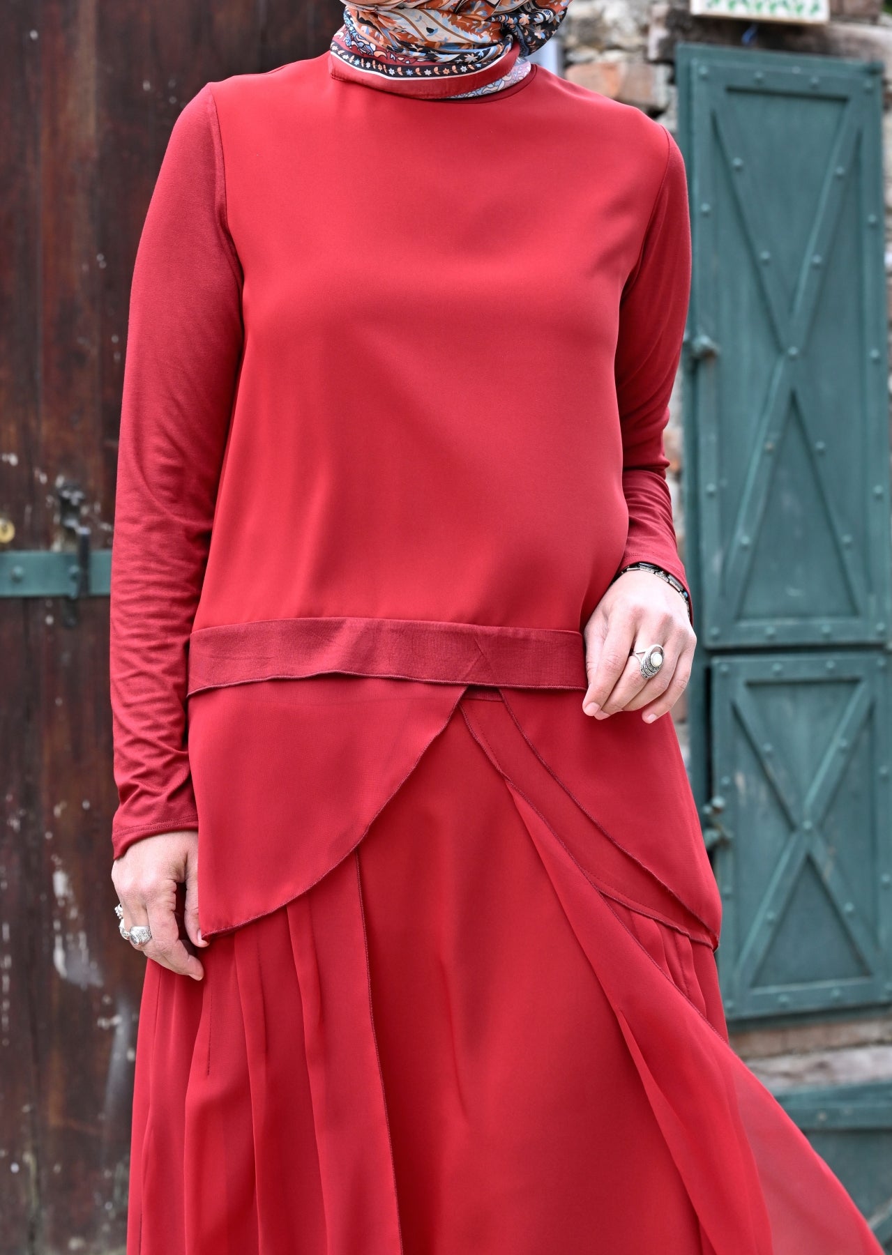 Şifon Kapama Detaylı Etek Bluz Takım