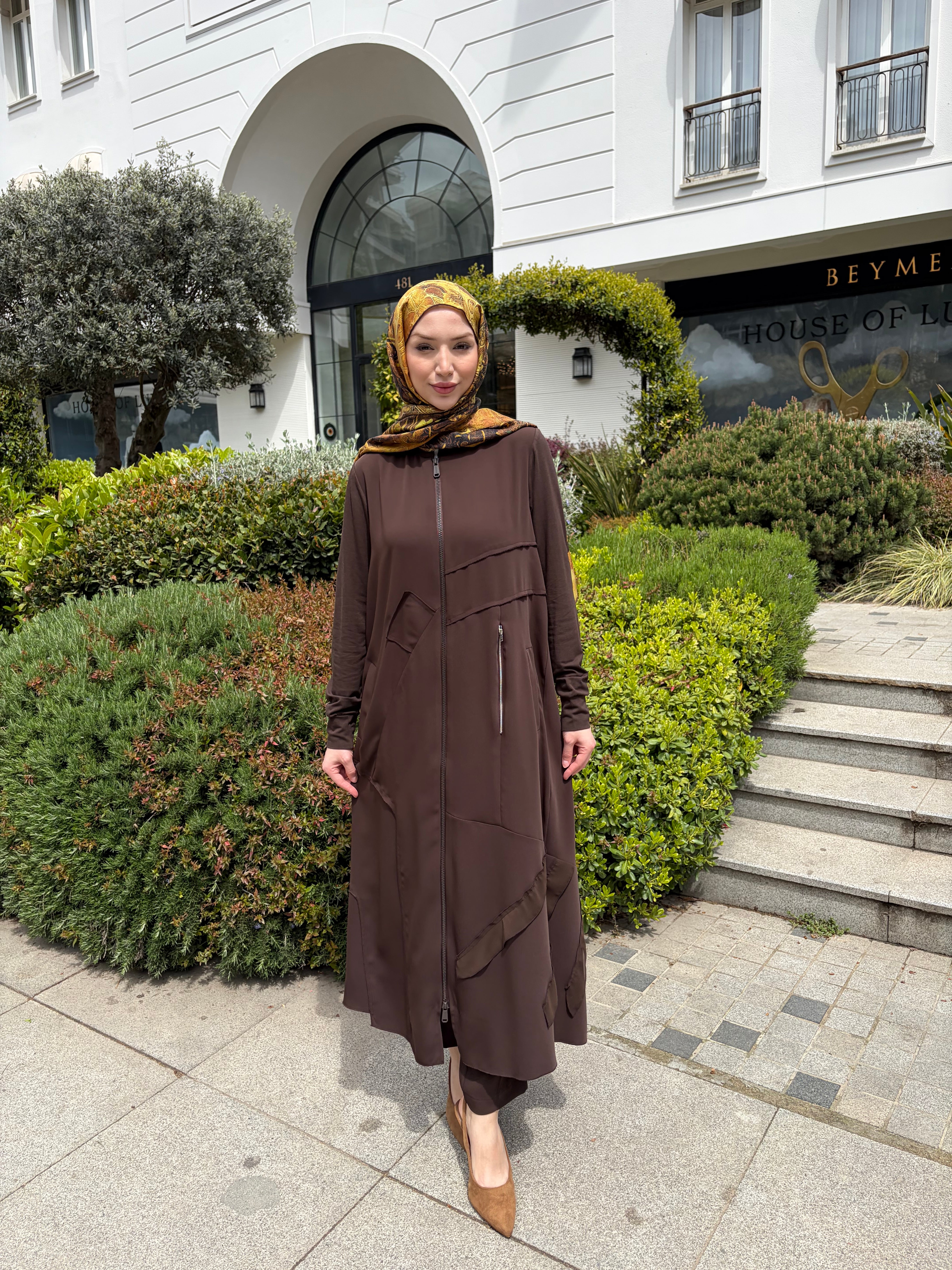 Fermuarlı Şifon Detaylı Uzun Krep Ferace