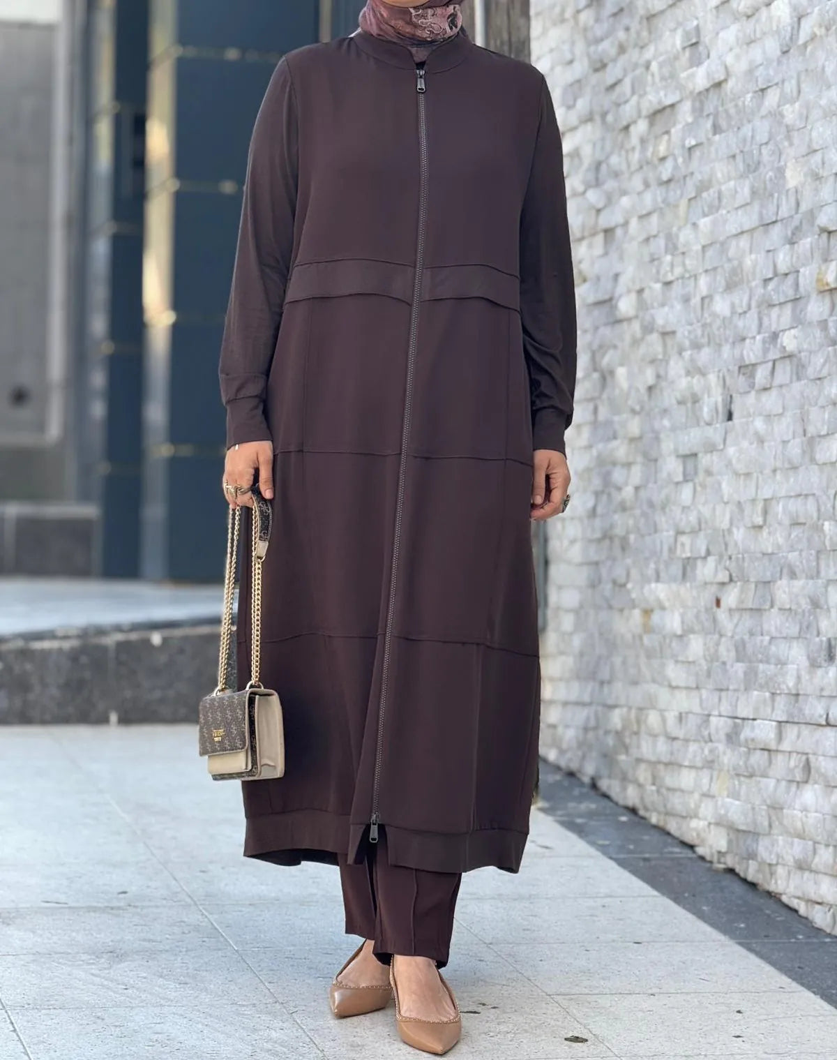 Fermuarlı Kat Kat Biye Detaylı Ferace
