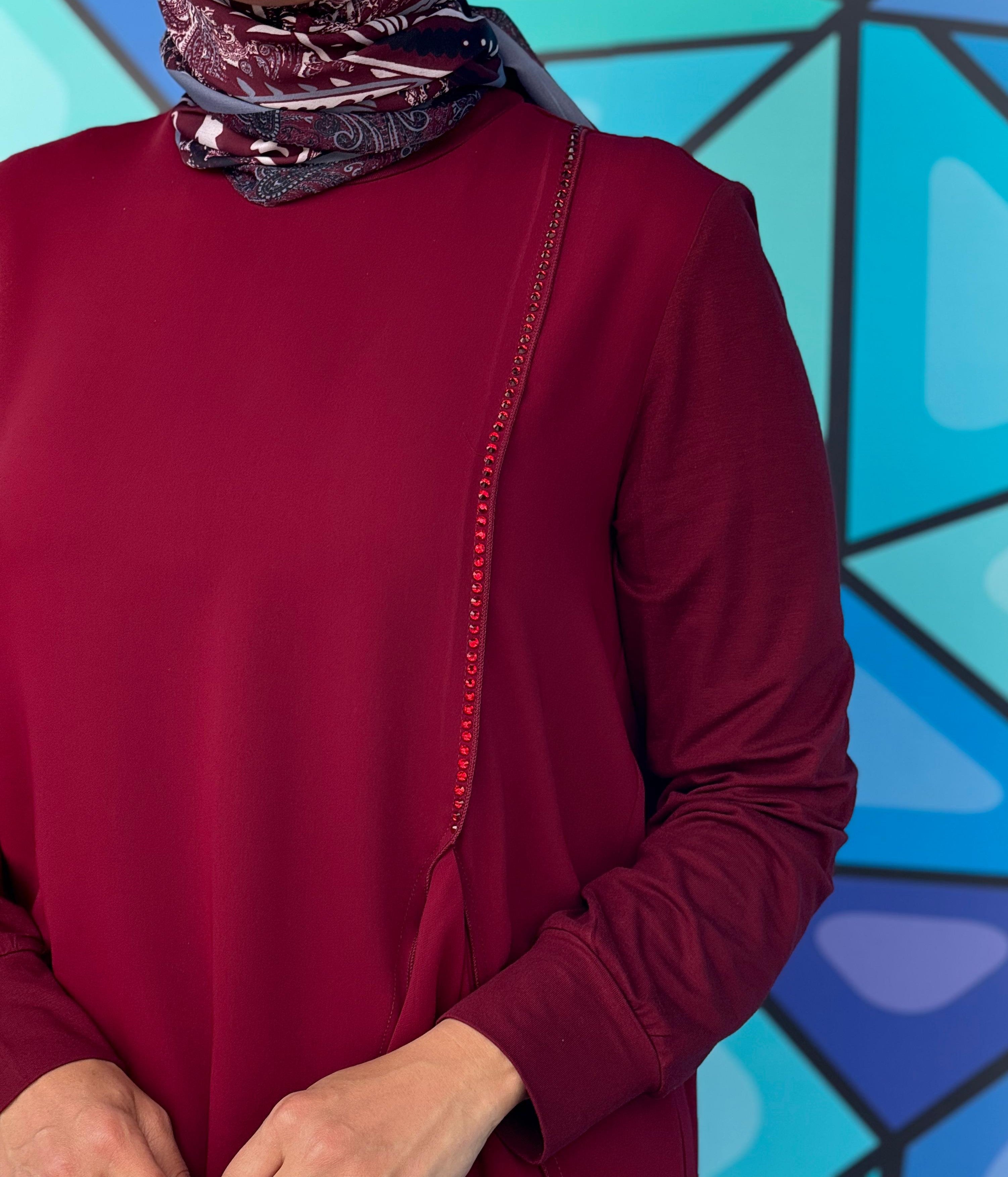 Taşlı Yandan Volan Detaylı Tesettür Tunik