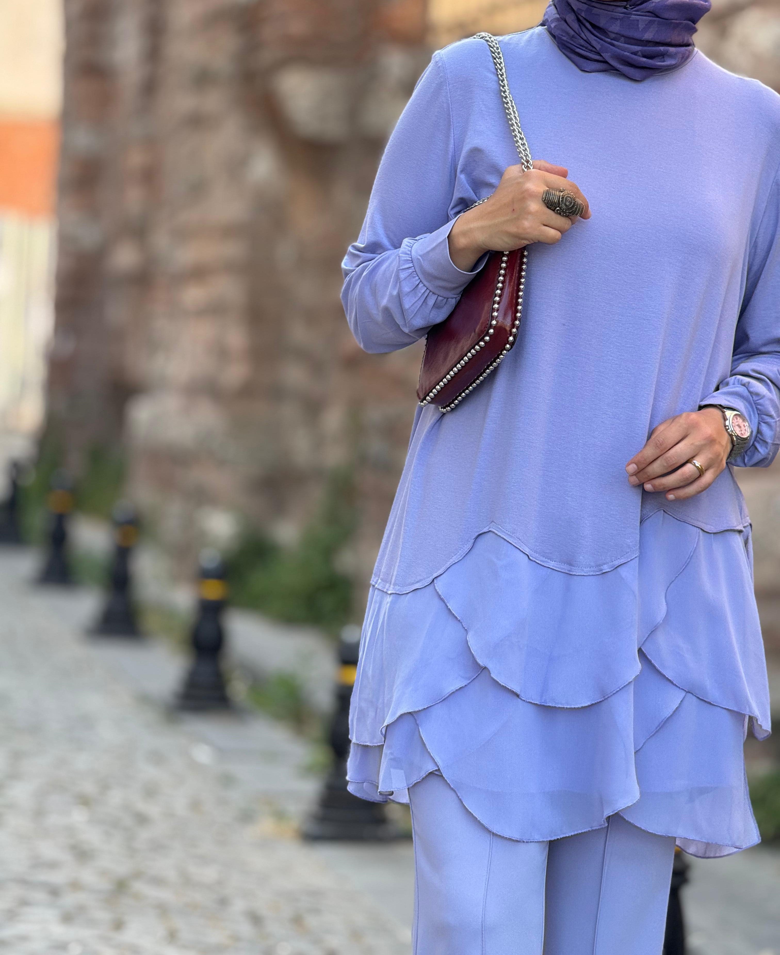 Etekleri Asimetrik Şifon Detaylı Penye Tesettür Tunik