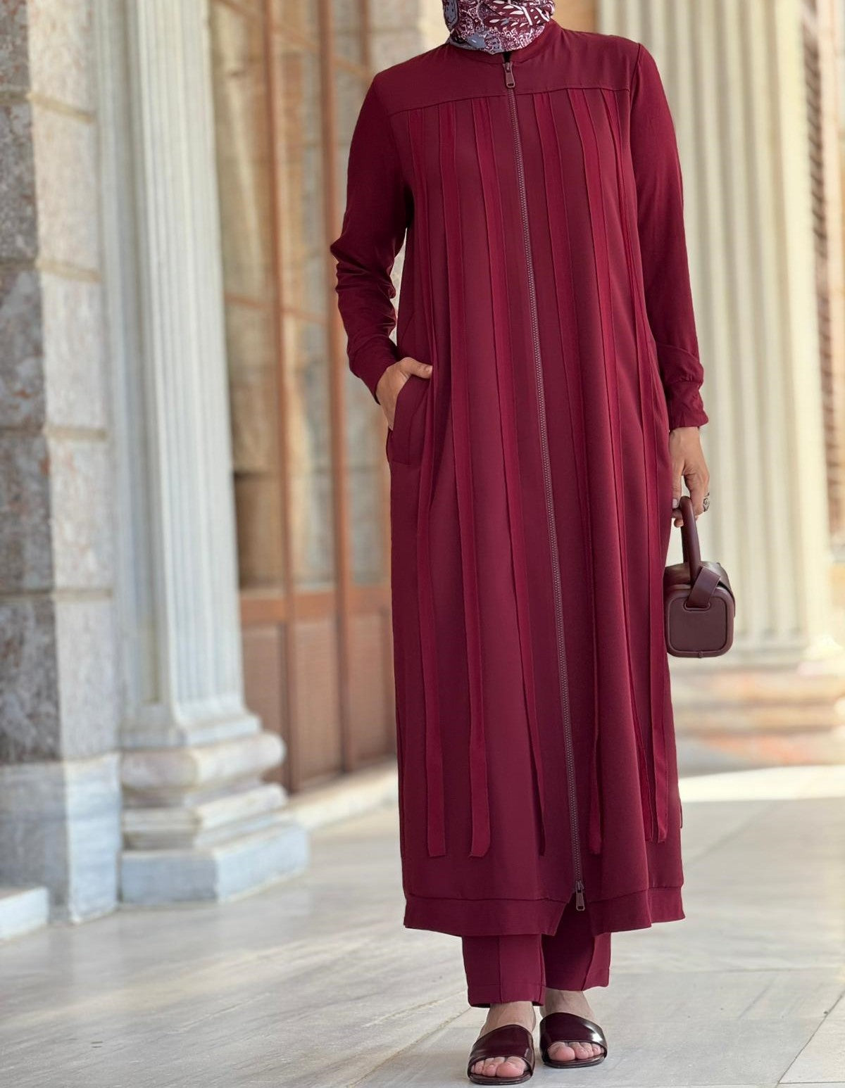 Fermuarlı Şifon Nervür Detaylı Uzun Ferace