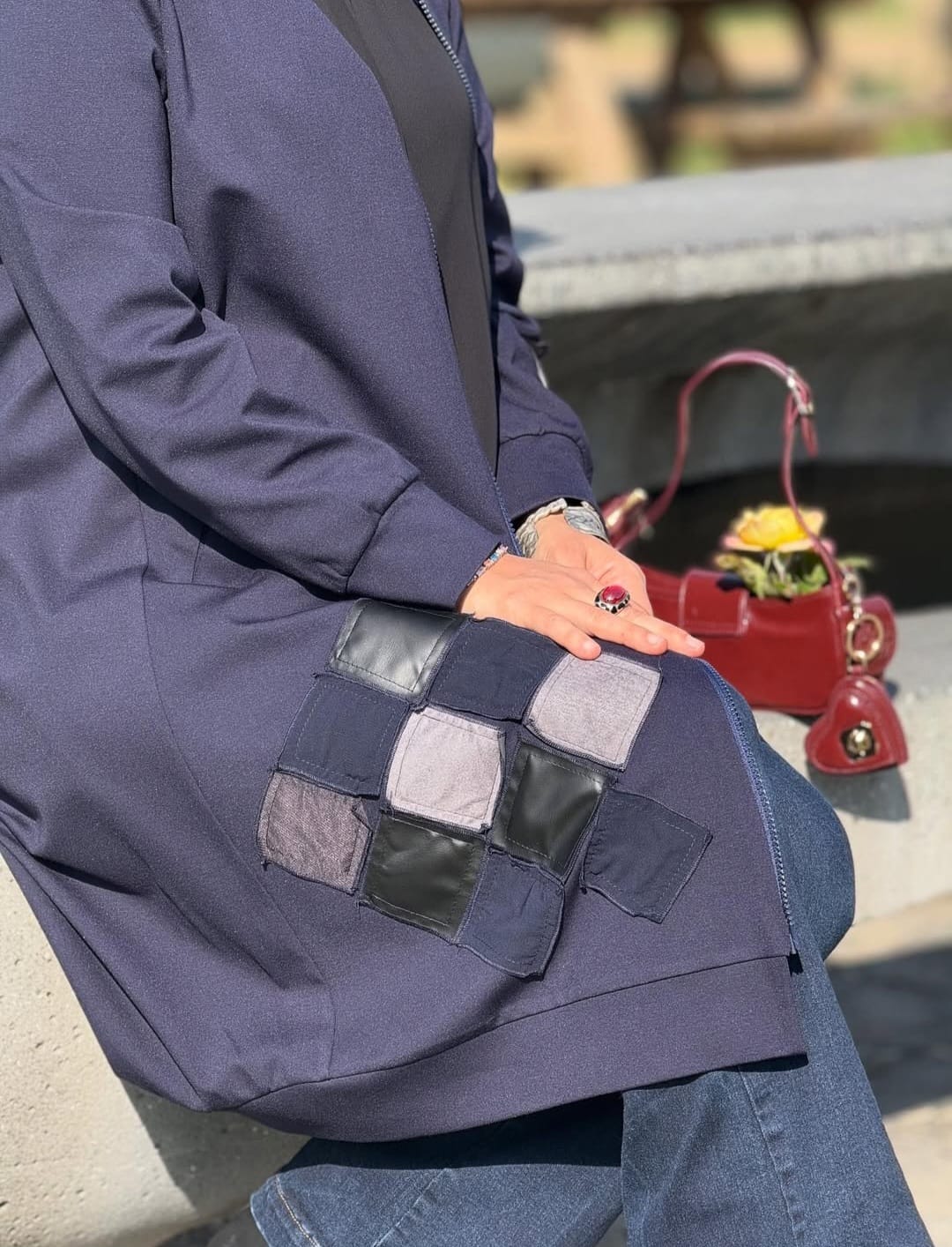 Fermuarlı Patchwork Deri Detaylı Tesettür Kap