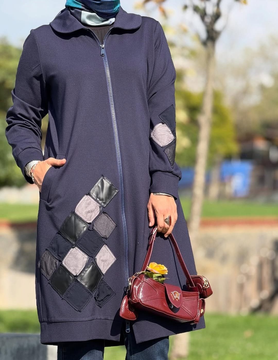 Fermuarlı Patchwork Deri Detaylı Tesettür Kap