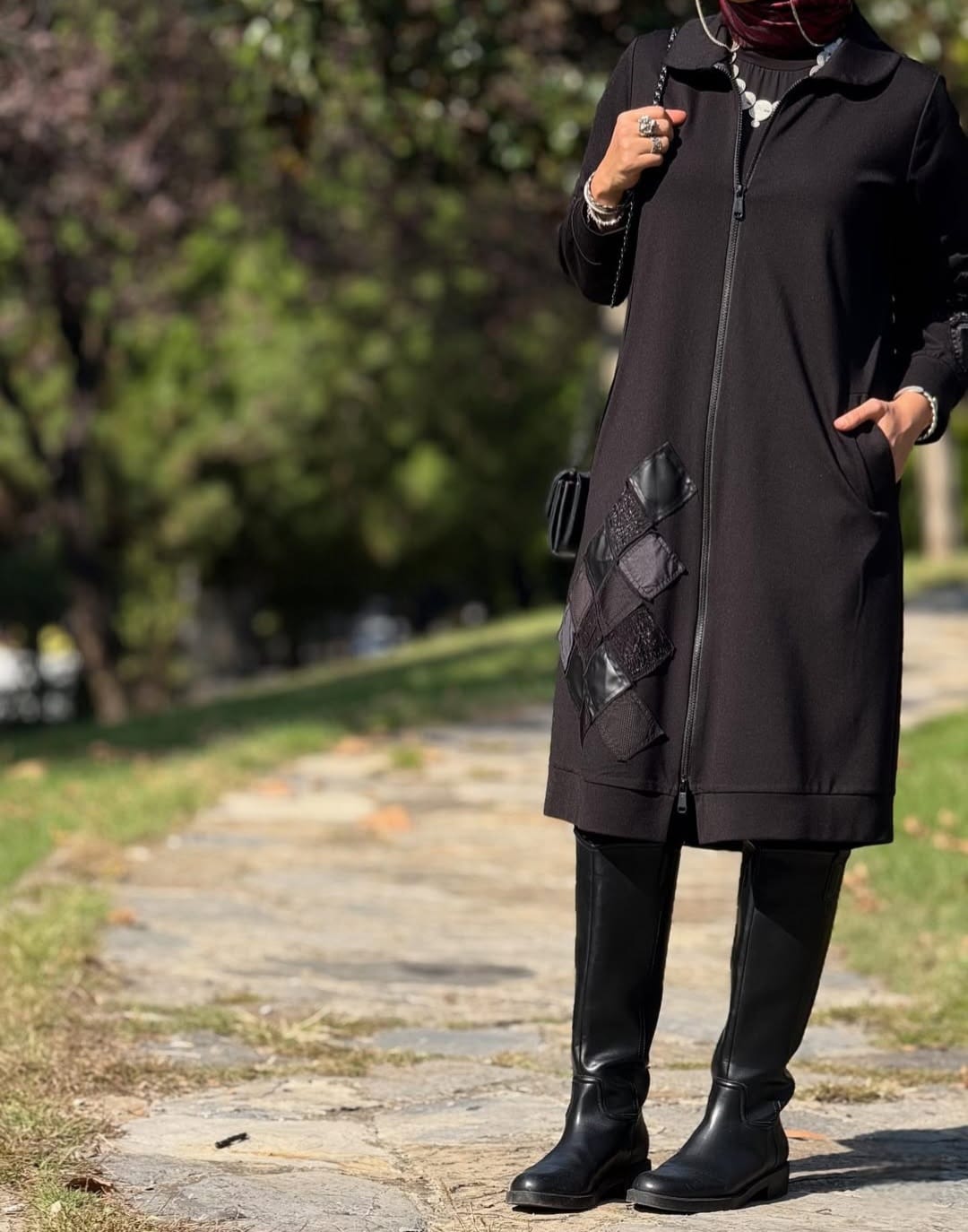 Fermuarlı Patchwork Deri Detaylı Tesettür Kap