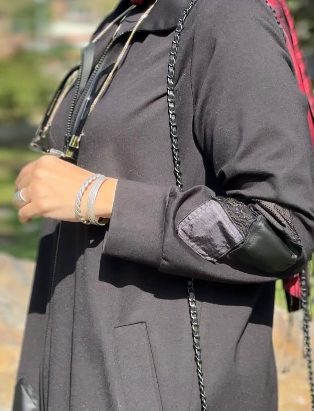 Fermuarlı Patchwork Deri Detaylı Tesettür Kap