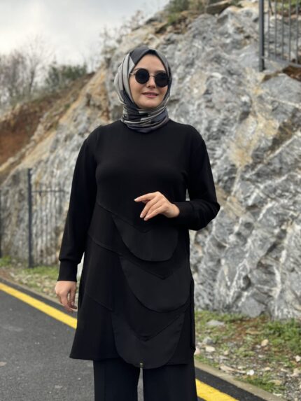 Oval Şifon Detaylı Tesettür Tunik
