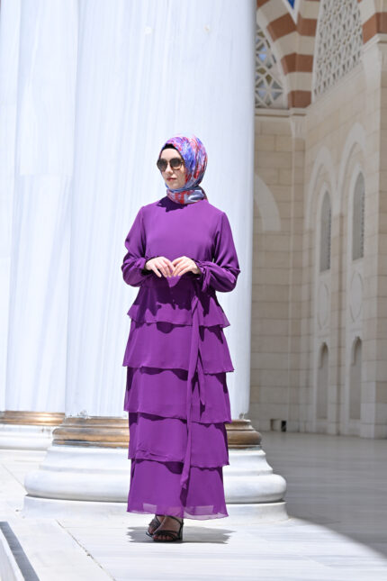 Kuşaklı Volanlı Uzun Elbise