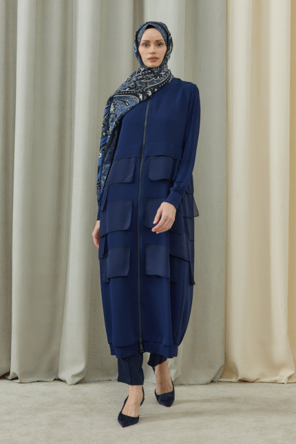 Fermuarlı Şifon Parçalı Uzun Pardesü